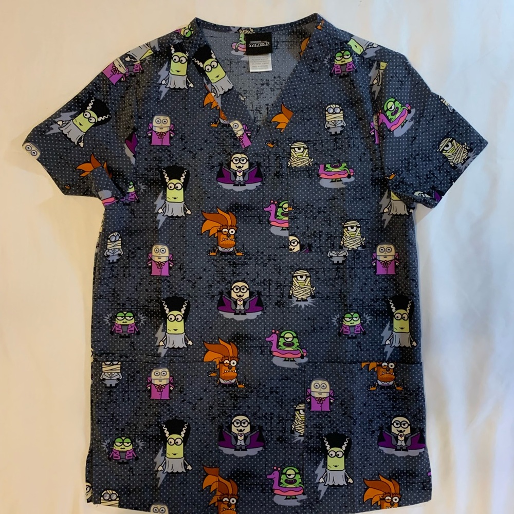 Minions Print Medical Scrub Top - Charcoal & Bright Accents Size XS